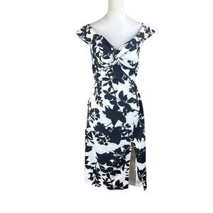 Bardot Black & White Floral Print Off the Shoulder Side Slit Midi Cocktail Dress